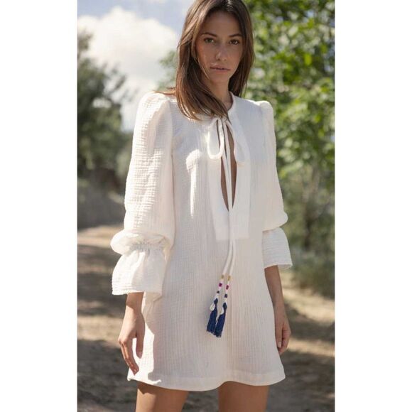 Brand New Alix of Bohemia LouLou Tasseled Textured Cotton Dress White - Picture 1 of 9